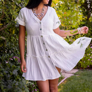 Vestido Mini Blanco de Algodón con Botones al Frente, Teñido Liso, Simple, Dulce, Ecológico, Lavable, Cuello en V, Manga Corta con Volantes - Product Image 6