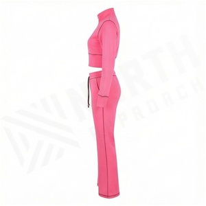 Women <b>Pink</b> Full Sleeve Tracksuit Set Solid Color Zipper Front Casual Jogger Pants and <b>Crop</b> Jacket Spring Wear - Product Image 3
