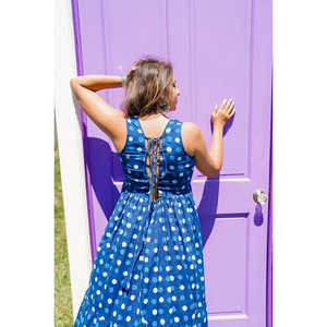 Robe en mousseline de soie à pois bleus Yale, coupe trapèze, taille empire, tissu respirant, taille XS - Product Image 2