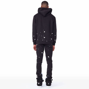 Conjunto Deportivo Personalizado para Hombre, Sudadera con Capucha Negra y Pantalones Deportivos con Diseño de Salpicaduras Blancas, Ropa Deportiva de Dos Piezas con Rayas en Contraste, Estilo Urbano, OEM - Product Image 2