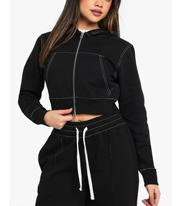 Conjunto Deportivo de 2 Piezas para Mujer, Modelo 2026, con Costuras en Contraste, Sudadera Corta de Algodón y Felpa, Cierre con Cordón, Bolsillos Delanteros - Product Image 2