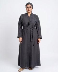 Elegant Mustard Embroidered Abaya With V Neck <b>Long</b> Sleeve Floor Length Modest <b>Dress</b> <b>For</b> Women Daily Wear Middle East Style - Product Image 3