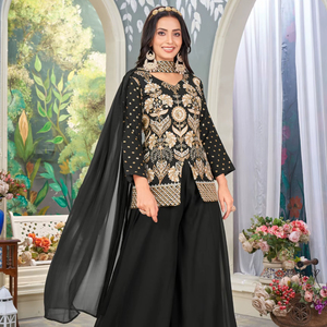 Traje Plazzo Negro con Bordado Intenso en Faux Georgette para Bodas Modernas, Diwali y Otras Ocasiones - Product Image 1
