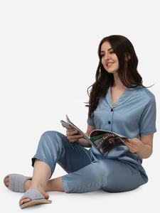 Conjunto de pijama de satén liso para mujer, ropa de dormir moderna y brillante con logotipo personalizado, conjunto de 2 piezas - Product Image 5