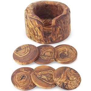 ชุดจานรองแก้วไม้มะกอกทำมือพร้อมที่วาง |   แผ่นรองแก้วไม้ทำมือขายส่ง - Product Image 3