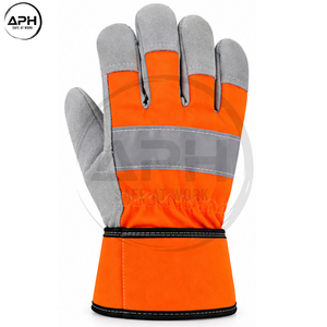 Full <b>Finger</b> Leather Palm Reflective Stripe Work Hand Wear Adjustable Cuff Wholesale Rate Grey Orange Hi Visibility <b>Gloves</b> - Product Image 4