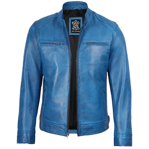 Chaqueta de Cuero Genuino Azul para Hombre, Corte Ajustado, Estilo Motero, Piel de Oveja Real, Diseño Vintage, Abrigo de Moda - Product Image 4