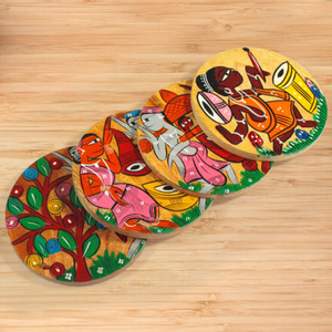 Service de 4 assiettes à café AWE Royal Coaster en bois de manguier brun faites à la main, design moderne, pour table de cuisine, motif dessin animé merveilleux - Product Image 4