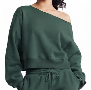 เสื้อสเวตเชิ้ตโอเวอร์ไซส์แบบเปิดไหล่สำหรับผู้หญิง แขนยาว ทรงไม่สมมาตร ผ้าถักสีพื้น ระบายอากาศได้ดี ผลิตจากผ้าฝ้าย เหมาะสำหรับใส่ในฤดูใบไม้ร่วง - Product Image 5
