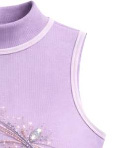 Camiseta sin mangas de cuello alto acanalada lila personalizada para mujer con diseño floral de pedrería, sin mangas, de verano, fabricante personalizado - Product Image 5