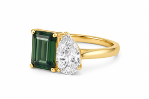 Luxury Toi et Moi Green <b>Emerald</b> Cut Gemstone & Pear Cut Stone Engagement <b>Ring</b> in 10K 14K 18K Gold & 925 935 Sterling <b>Silver</b> - Product Image 2