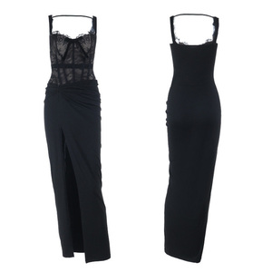 <span class=keywords><strong>Abito</strong></span> <span class=keywords><strong>lungo</strong></span> <span class=keywords><strong>da</strong></span> <span class=keywords><strong>sera</strong></span> <span class=keywords><strong>nero</strong></span> in pizzo personalizzato 2026, sexy, senza maniche, vintage, con spacco, a vita alta, a fascia, per cocktail party - Product Image 4