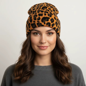 Unisex <b>Leopard</b> <b>Print</b> Camouflage Jacquard Beanie <b>Hat</b> 100% Acrylic Winter Warm Vintage Style Beach Cap for Adults - Product Image 4