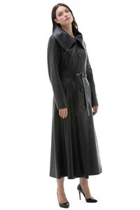Women's Vintage Long Style <b>Belt</b> Design PU <b>Leather</b> Solid Breathable Trench Coat with Silk Lining - Product Image 3