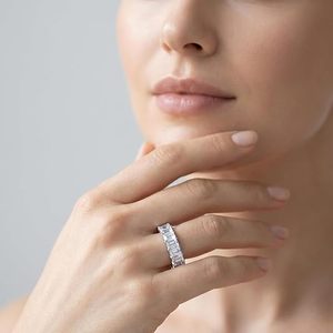<b>Emerald</b> Cut Diamond Full Eternity Band 925 Sterling <b>Silver</b> Elegant Moissanite Engagement Women <b>Ring</b> - Product Image 4