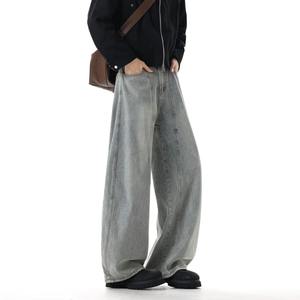 Men's Winter Mid-Waist Cleanfit Retro Washed Denim Pants – Light Blue Distressed Wide Leg Cotton <b>Jeans</b> - Product Image 3