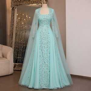 ชุดราตรีทรงเอไลน์สีฟ้าอ่อนปักลายหรูหรา แขนเสื้อคลุมโปร่งบาง ดีไซน์เนอร์แม็กซี่เดรสสำหรับผู้หญิง งานแต่งงาน งานเลี้ยง งานพิธีการ - Product Image 1