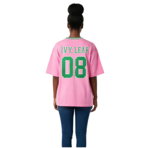 Camiseta Deportiva Oversize de Fútbol Americano en Chenilla para Mujer, Color Rosa y Verde, Manga Corta, Cuello en V, Estilo Casual - Product Image 2