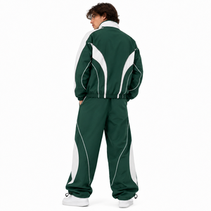 Ensemble de survêtement coupe-vent colorblock noir et vert néon personnalisé, haute visibilité, avec veste zippée à panneaux incurvés et pantalon ample, vêtements de sport - Product Image 5