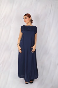 Vestido Largo Maxi sin Mangas Azul Marino para Mujer, Cuello Redondo, Corte Holgado, Color Sólido, Poliéster, Talla Grande, Uso Diario, Abaya - Product Image 2