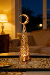 Candelabro de Lujo con Forma de Luna Creciente Islámica, Metal Dorado, Lámpara de Mesa para Ramadán y Eid, Decoración para el Hogar, Luz Nocturna - Product Image 6