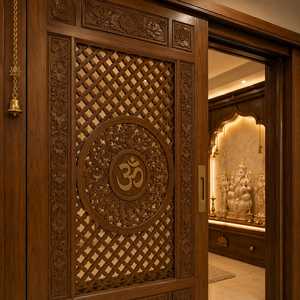 Puerta de Templo Moderna de Madera Personalizada, Hecha a Mano, Entrada de Mandir con Intrincados Grabados Florales, Rejilla Jali, Motivo Om, Loto, para Interiores - Product Image 4