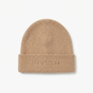 Custom Beige Knit Beanie <b>Hat</b> <b>Winter</b> Warm Cuffed Skull Cap With Embroidered Logo - Product Image 1