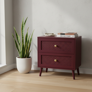 โต๊ะข้างโซฟา 2 ลิ้นชัก ดีไซน์ทันสมัย เป็นมิตรกับสิ่งแวดล้อม 5+ ช่องเก็บของ ทำจากไม้ยางพารา MDF ปิดผิวโอ๊ควีเนียร์ ตกแต่งด้วยหวาย เหมาะสำหรับห้องนั่งเล่น - Product Image 5