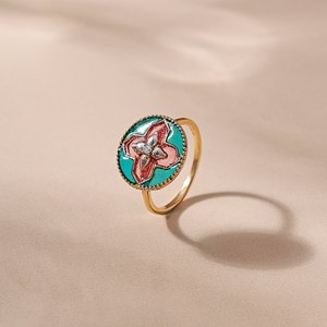 Anillo de Plata de Ley 925 Chapado en Oro con Esmalte Floral y Diamante Natural para Mujer |   Anillo de Flores Hecho a Mano, Joyería Fina, Regalo - Product Image 1