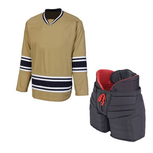 Custom Ice Hockey Jersey Set Men's Gold Striped V-<b>Neck</b> Full Sleeve With <b>Padded</b> Shorts Drawstring Closure Adult Size - Product Image 1