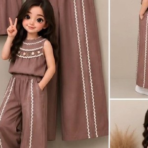 Women's Brown <b>Embroidered</b> Cotton Pants Set Casual Style Spring Summer Breathable Fabric Daily Wear - Product Image 3