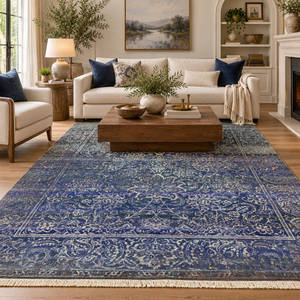 Alfombra de Lana Azul Marino con Nudos a Mano, Diseño Floral Vintage, Estilo Oriental, para Sala de Estar, Dormitorio, Hotel, Decoración del Hogar - Product Image 1