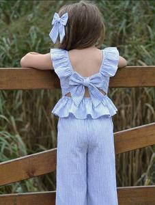 Combinaison à jambes larges pour filles, bleue à rayures, avec manches à volants et nœud au dos - Product Image 4