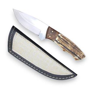 Cuchillo de caza de grado industrial de hoja fija de acero D2 con mango de palisandro y asta de ciervo, funda de cuero, personalizado OEM, espiga completa - Product Image 5