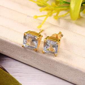 ต่างหูทรงแอสเชอร์ประดับอะความารีน ตัวเรือนเงินแท้ 925 ชุบทอง 18K เครื่องประดับเจ้าสาวสำหรับผู้หญิง - Product Image 1