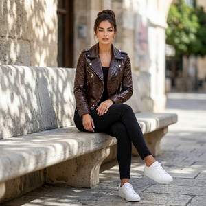<b>Leather</b> Spot Women's Embossed for <b>Leather</b> Vintage Slim Fit Eco-Friendly Breathable <b>Winter</b> Motorcycle <b>Jacket</b> Silk Lining - Product Image 5