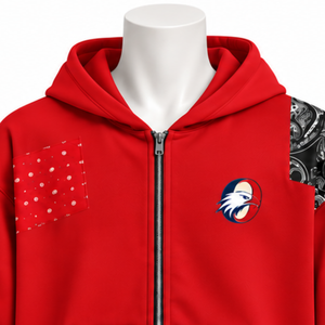 <b>Red</b> Tapestry Patchwork Zip Up <b>Hoodie</b> Oversized Full Zipper Sweatshirt Printed Patch Design Casual Streetwear Hooded Jacket <b>Men</b> - Product Image 3