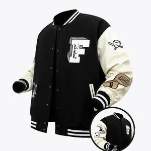 Blouson universitaire unisexe noir en laine avec logo de baseball brodé sur les manches, col montant, coupe classique, pour l'hiver et les tenues décontractées - Product Image 1
