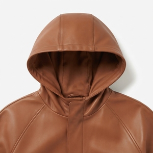Men's Brown Real Leather Non-Hooded Stand <b>Jacket</b> Casual Winter Waterproof Breathable Zipper Closure Regular Fit Solid Color - Product Image 4