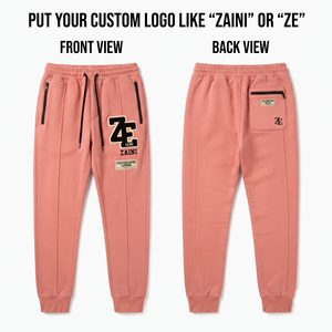 Premium 400 GSM Cotton Fleece Men <b>Jogger</b> Pant Peach Pink Custom Embroidered Logo Ribbed Cuffs <b>Zip</b> <b>Pocket</b> Panel Detail - Product Image 1