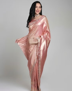 Sari de Seda Rosa Tradicional y Elegante KV con Borde Bordado, para Bodas y Fiestas, Largo hasta el Suelo, Corte Regular, Reversible - Product Image 1