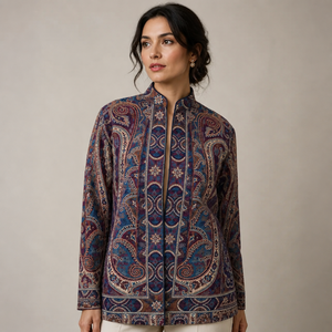 Abrigo Casual Corto con Cuello Mandarín y Estampado Paisley Bohemio, de Manga Larga, para Mujer, Tejido de Poliéster para Invierno - Product Image 3