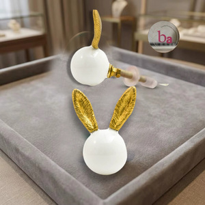 <b>Ceramic</b> Rabbit <b>Knob</b> with Gold Ears White and Gold Finish Industrial Drawer Handle for Apartment Dresser Cabinet - Product Image 1