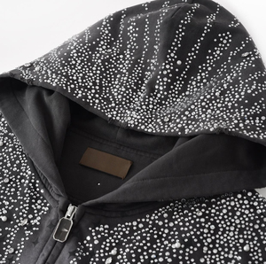 Sweat-shirts surdimensionnés pour hommes avec impression DTG personnalisée de strass, motif étoile, perles, effet délavé vintage et fermeture éclair double tête déchirée - Product Image 3