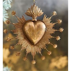 Handcrafted Metal Sacred Heart Milagro Wall Hanging <b>Ornament</b> Vintage Antique <b>Gold</b> Flame Heart Ex Voto Medallion for Catholic - Product Image 1