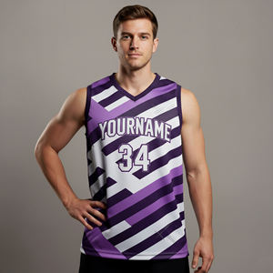 Camiseta de Baloncesto Sublimada Personalizada para Hombre, Cuello en V, Sin Mangas, Rayas Blancas y Moradas, Ajuste Atlético, Absorbe la Humedad - Product Image 5
