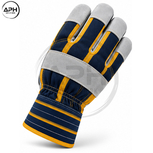 Gants de travail en cuir gris, paume marine, dos en tissu bleu marine, bordure jaune, doigts entiers, poignet large, personnalisables pour usage industriel - Product Image 3