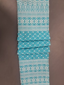 Tela de Algodón Azul Cielo de Primera Calidad con Bordado Schiffli, Muy Solicitada - Material con Borde Floral Paisley y Cuadrícula Geométrica Blanca - Product Image 2