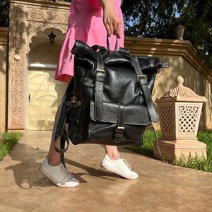 Trendy Genuine Leather <b>Roll</b> <b>Top</b> <b>Backpack</b> Contemporary Cowhide Leather Bag Custom Logo Large Travel Pack LRTB-0135 - Product Image 1