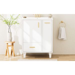 Mobile Bagno in Legno Massello da 24 Pollici con Struttura in MDF, Lavabo, Ripiano, Cassetto Profondo e Cesto Estraibile a 2 Livelli - Armadietto Bagno di Qualità - Product Image 6